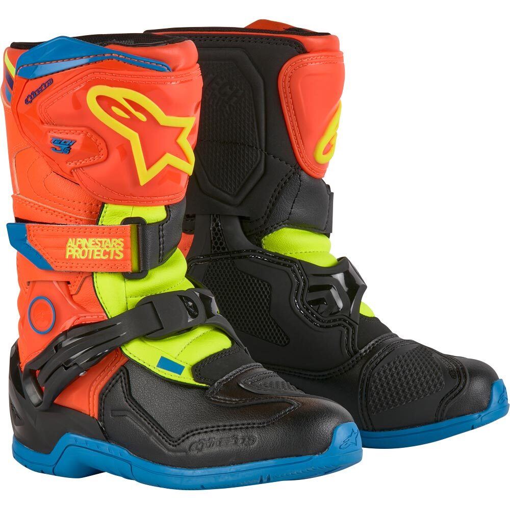 Alpinestars 2026 Tech 3S Kids Motocross Boots Orange Fluo Enamel Blue Yellow Fluo